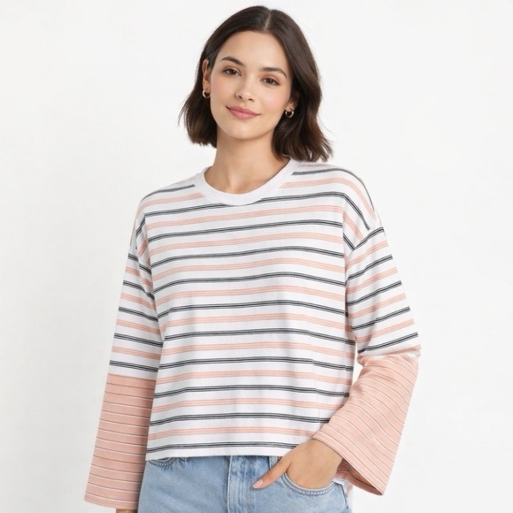 Madewell Long Sleeve Striped Tee in White, Blush Pink & Black